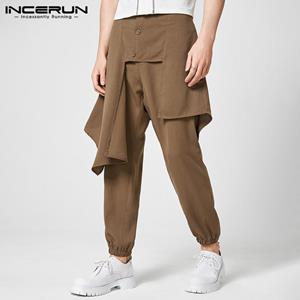 INCERUN Men Spring Fake Two-piece Long Pants Solid Color Irregular Trousers