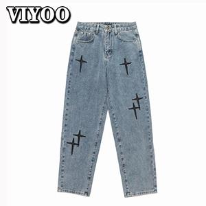 VIYOO Wide Leg Cargo Pants Cross Embroidery Streetwear Baggy men Jeans 2023 Spring Autumn Men Korean Fashion Loose Straight Male Cloth