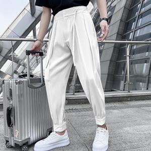 Ura trade Men Fashion Drawstring Solid Color Casual Pleated Trousers