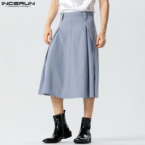 INCERUN Men Solid Color Pleating School Style Long Skirts