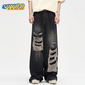 VIYOO Men's Ripped Black Jeans Harajuku Wide Leg Pants Denim Baggy Y2K Cargo Pants Streetwear Koean Style Clothes Gothic