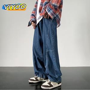 VIYOO Men's Oversized 5XL Japanese Wide Leg Vintage Y2K Baggy Pants Denim Stripe Loose Navy Jeans Cargo Pants For Men Korean Style