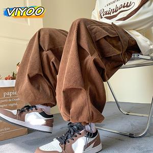 VIYOO Men's Brown Y2K Baggy Japan Pants Oversized Corduroy Loose Wide Leg Cargo Pant Trousers Casual Men Sweatpants Streetwear Korean