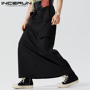 INCERUN Black Streetwear Men Loose Elastic Waist Drawstring Long Skirts