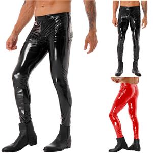 IEFiEL Mens Motobiker Skinny Pants Two-way Zipper Crotch Trousers Male Leggings Motorcycling Party Tights Pants Patent Leather Clubwear