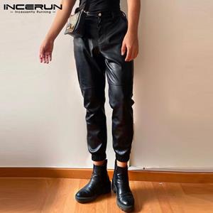 INCERUN Men Autumn Solid Zipper Button PU Leather Long Pants