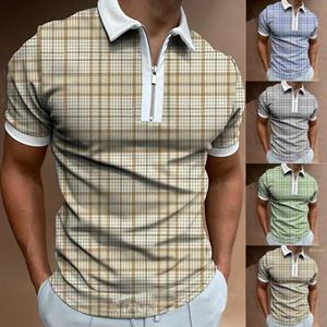 ShuXueGe New Men's Casual Plaid Digital Printing Lapel Zipper Polo T-Shirt Tops