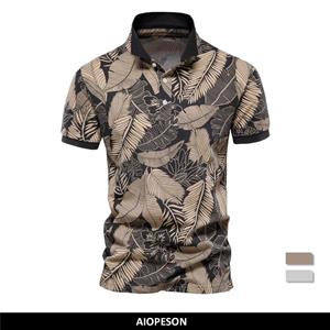 AIOPESON Men Fashion AIOPESON Hawaii Style 100% Cotton Polo Shirts for Men Short Sleeve Quality Leaf Printed Men's Polos T Shirts Summer Shirt Men