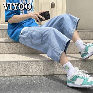 VIYOO Oversized Men's Summer Streetwear Y2K Clothes Retro Denim Baggy Jeans Trend Elastic Waist Straight Cropped Pants Shorts For Men Sweatpants