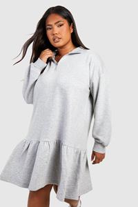Boohoo Plus Sweatshirt Jurk Met Geplooide Zoom En Korte Rits, Grey Marl