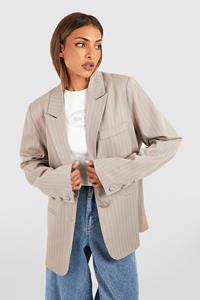 Boohoo Getailleerde Baggy Blazer Met Enkele Rij Knopen En Krijtstrepen, Taupe