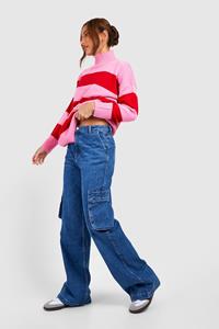 Boohoo Tall Mid Wash Gebleekte High Waist Cargo Jeans Met Zakken, Mid Wash