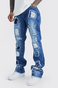Boohoo Onbewerkte Versleten Flared Slim Fit Jeans Met Patches, Dark Blue