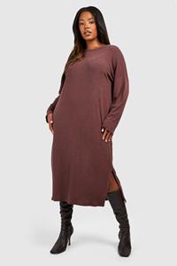 Boohoo Plus Zachte Geribbelde Midi Jurk Met Crewneck En Split, Chocolate