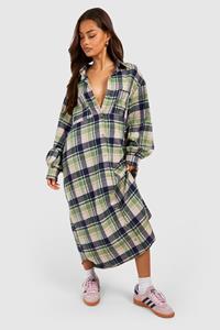 Boohoo Flannel Oversized Midi Shirt Dress, Green