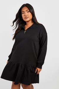 Boohoo Plus Sweatshirt Jurk Met Geplooide Zoom En Korte Rits, Black