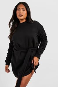 Boohoo Plus Ruched Sleeve Sweater Dress, Black