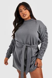 Boohoo Plus Ruched Sleeve Sweater Dress, Charcoal