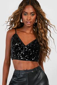 Boohoo Fluwelen Sterren Crop Top Met Pailletten, Rug Bandjes, Black