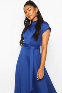 Boohoo Midi Skater Jurk Met Hoge Hals En Ceintuur, Cobalt