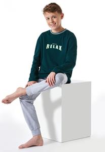 Schiesser Pyjama lang interlock biologisch katoen manchetten gestreept relax donkergroen - Teens Nightwear 