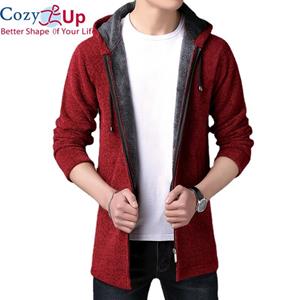 Cozy Up Korean Men's Fleece-lined Windbreaker Thick Long Trench Coat Solid Cardigan Casual Hooded Sweater Coats Male 5 Color