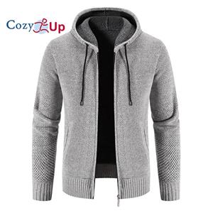 Cozy Up Men Knit Cardigan Fashion Slim Solid Color Hooded Velvet Warm and Comfortable Winter Jacket