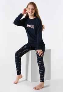 Schiesser Pyjama lang biologisch katoen manchetten Paris nachtblauw - Teens Nightwear 