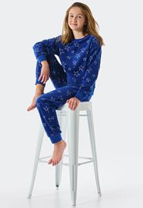 Schiesser Pyjama lange velours boorden sterren blauw - Teens Nightwear 
