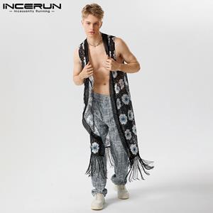 INCERUN Men's Sleeveless Lace Long Shirts Tassels Summer Cardigan Tops