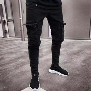 PJ78HG Mannen Mode Casual Zwarte Stretch Mannelijke Slanke Jeans Gat Rits Broek Lange Denim Broek