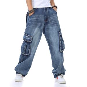 LFSZY121 Jeans For Men Japan Style Brand Men's Straight Denim Cargo Pants Biker Jeans Men Baggy Loose Blue Jeans With Side Pocket