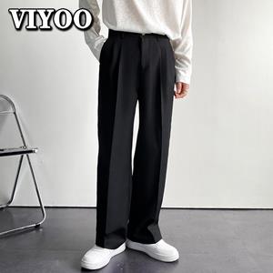 VIYOO Men Chinos White Suit Pants Solid Baggy Casual Wide Leg Trousers for Men Japanese Streetwear Oversize Office Pants Pants For Man