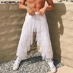 INCERUN Spring Men's Fashion Long Tassels Pants White Straight Design Casual Loose Maxi Trousers Plus Size