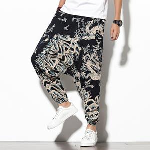 Trending Online Chinese Style Summer Cotton Linen Harem Casual Men's Pants Pringing Oversize Baggy Pants