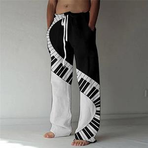Womennn Mannen losse casual effen kleur broek elastische stropdas piano toetsen bedrukte rechte broek