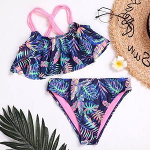 MS SHANG SWIMWEAR Flounce Girl Badpak Kids Tropical Leaf Print Girl Bikini Set Two Piece Children's Swimwear 7-15 Years Girls Badpak 2021