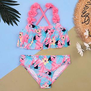 MS SHANG SWIMWEAR Flower Flounce Girl Swimsuit Kids Tropical Plant&Toucan Girl Bikini Set 5-13 Years Children's Swimwear Girls Bathing Suits 2022