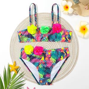 MS SHANG SWIMWEAR Flower Appliques Girls Swimsuit Kids Tropical Print Toddler Bikini Set 4-12Years Two Piece Children's Swimwear Bathing Suit 2022