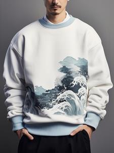 ChArmkpR Mens Japanese Wave Ukiyoe Print Crew Neck Pullover Sweatshirts