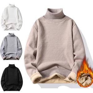 Tianhangyuan Turtleneck Long Sleeves Fleece Lining Ribbed Trim Men Sweater Autumn Winter Solid Color Thickened Warm Sweater Jumper Daily Clothing