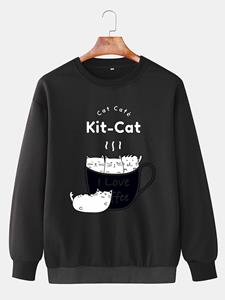 ChArmkpR Mens Cartoon Cat Letter Print Crew Neck Pullover Sweatshirts