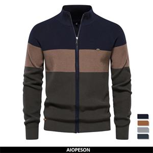 AIOPESON Men Fashion 2023 New Autumn and Winter Patchwork Color Sweater for Men Zipper Cardigans for Men High Quality Youth Men Cotton Sweater