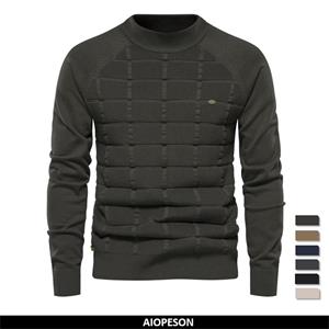 AIOPESON Men Fashion 2023 New Autumn and Winter Middle Collar Cotton Sweaters for Men Casual Social Plaid Pullovers Knitted Sweater Men
