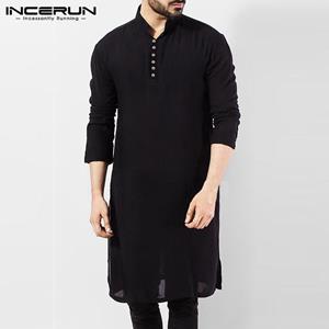 INCERUN Spring Vintage Men Casual Shirt Stand Collar Long Sleeve Solid Color Tops Streetwear