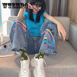 WTEMPO Rainbow Graffiti Spray Paint Jeans Female Korean Version Loose Retro Ins Super Casual Dad Pants Wide Leg Trousers Tide