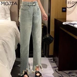 MOJTA Women's Waist Jeans Spring Summer Slim Jeans Casual Female Denim Hole Cropped Pants Trouser