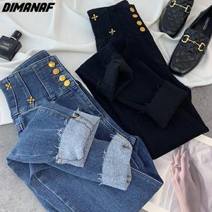 Dimanaf 2022 Plus Size Jeans Autumn Women Basic Loose Pencil Casual Female Blue Buttons Trousers Pants