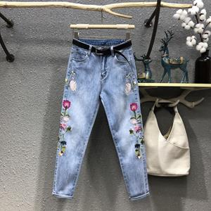 Green1 Carrot pants women's summer foreign style all-match flower embroidery cropped jeans casual harem pants