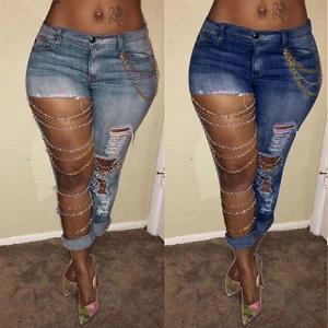 Manyuoluo Fashion Women Solid Slim Denim Ripped Chain Big Hole Jeans Trousers Pencil Pants